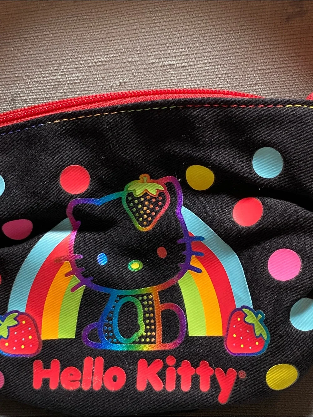 Hello Kitty early 2000s Black Rainbow Polka Dot Kids Bag with Red Trim, Necklace